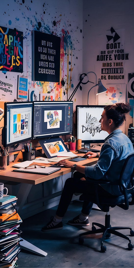 Graphic designer at a multi-monitor desk