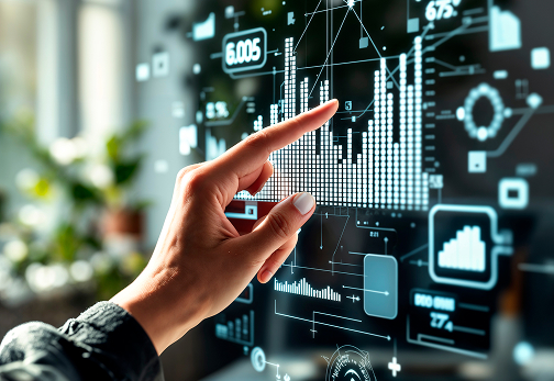 Hand interacting with a digital marketing analytics overlay